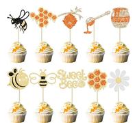 Gyufise Lot de 30 décorations de cupcakes en forme d'abeille en forme de bourdon à paillettes en forme de cœur en nid d'abeille pour fête prénatale, fête prénatale, enfants, garçons et filles