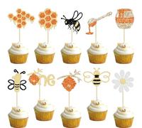 Gyufise Lot de 30 décorations de cupcakes en nid d'abeille à paillettes en forme d'abeille pour 1er anniversaire - Décorations de 1er anniversaire pour enfants, garçons et filles
