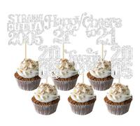 Gyufise Lot de 30 décorations de cupcakes « Happy 21st Birthday » à paillettes « Twenty One Straight Outta 2005 » - Décorations de gâteaux pour 21e anniversaire - Argenté