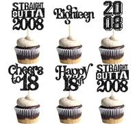 Gyufise Lot de 30 décorations pour cupcakes à paillettes « Straight Outta 2008 » - 18 fabuleux « Happy 18th Birthday » - Décorations de gâteaux pour 18e anniversaire - Noir