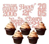 Gyufise Lot de 30 décorations pour cupcakes « Happy 21st Birthday » à paillettes « Twenty One Straight Outta 2005 » - Décorations de gâteaux pour 21e anniversaire - Or rose