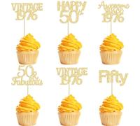 Gyufise Lot de 30 décorations pour cupcakes « Happy 50th Birthday » à paillettes - Style vintage 1976 - Décorations de gâteaux pour 50e anniversaire de mariage - Fournitures de fête - Doré