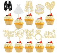 Gyufise Lot de 30 décorations pour cupcakes « She Said Yes » avec bague en diamant I Do Love Miss to Mrs He Asked pour fête prénuptiale, mariage, fiançailles, enterrement de vie de jeune fille Doré
