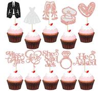 Gyufise Lot de 30 décorations pour cupcakes « She Said Yes » avec bague en diamant I Do Love Miss to Mrs He Asked pour fête prénuptiale, mariage, fiançailles, enterrement de vie de jeune fille Or rose