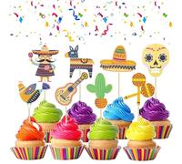 Gyufise Lot de 32 décorations de gâteau sur le thème mexicain pour cupcakes sur le thème mexicain cactus, âne, taco, poivre, sombrero, moustache, décoration de fête prénatale