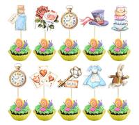 Gyufise Lot de 36 décorations de cupcakes Alice en forme de papillon et de fleur, horloge « Eat Me » - Décorations de gâteaux pour fête prénatale, anniversaire au pays des merveilles