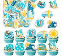 Gyufise Lot de 54 décorations comestibles pour cupcakes en papier gaufrette « The Big One » - Surf - Décorations pour 1er anniversaire - Bleu clair