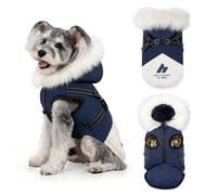 Gyuzh Manteau imperméable pour chien avec harnais intégré, capuche en fourrure blanche moelleuse, design à blocs de couleurs, bandes réfléchissantes pour sécurité nocturne, manteau de neige coupe-vent