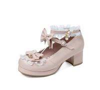 GYYZAYH Femmes Rose Lolita Escarpins Kawaii Bowknot Mary Jane Chaussures Chunky Heel Goth Punk Dress Court Shoes,Rose,44 EU