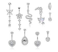 GZGXKJ 10 Pièces 14G Piercing Nombril Acier Chirurgical Argent Belly Button Piercing au Nombril Forme de Coeur Arc Goutte D'Eau Fleur de Prunier Dames Corps Anneau Nombrils Bijoux Accessoires