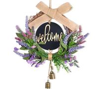 GZGXKJ Couronne de Porte Printemps 40cm Lavande Couronne Porte D'entrée | Avec Panneau de Journal "welcome", Arcs et Cloches, Décorations de Portes Été, Pour Portes Fenêtres Clôtures