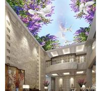 GZGZG Papier peint mural autocollant 3D avec des fleurs violettes et des colombes en vol idéal pour la décoration du plafond du salon et de la chambre