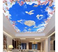GZGZG Papier peint mural autocollant 3D avec fleurs de cerisier ciel bleu et colombes blanches pour la décoration murale et le plafond du salon et de la chambre
