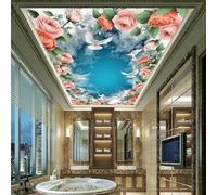 GZGZG Papier peint mural autocollant 3D avec roses ciel bleu et colombes pour la décoration murale et le plafond du salon et de la chambre