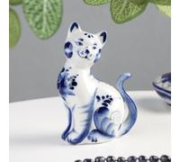 Gzhel Figurine de chat en porcelaine peinte à la main en bleu et blanc Art populaire russe Statuette animale décorative 13 cm