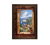 GZHERVICES Décoration Murale Sur Toile Vue De Fenêtre Vintage, Impression Encadrée Paysage Côtier Méditerranéen, Tableau Illusion 3D Fausse Fenêtre, Œuvre D'art Vue Sur(Multi-colored-B,40x60cm)