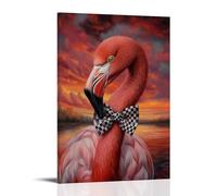 GZHJZSYY Peinture à l'huile animalière d'un flamant rose attachant un nœud papillon à carreaux avec élégance gracieuse sous un ciel de corail aube. Décoration murale moderne à suspendre, 50 x 75 cm