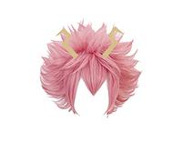 GZIRUE Perruque Courte Rose pour Mina Ashido Pinky Femmes Filles Dames Halloween Fête Anime Cosplay Costume Wig avec Cornes Pince à Cheveux Or Accessoire Props