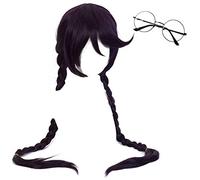 GZIRUE Perruque pour Toko Fukawa Cosplay Longue Tresse Cheveux Longs Noire Violet Foncé avec Lunettes Rondes Rétro Anime Jeu Halloween Fête Filles Femmes Dames Costume Wig