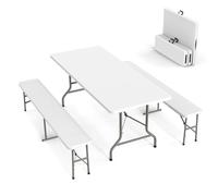 GZKDKZB Ensemble Table de Pique-Nique de 1,80 m avec 2 bancs, Pliable, utilisable en extérieur et en intérieur, Plateau Blanc Lisse, idéal pour Le Camping, Les barbecues et Les réunions de