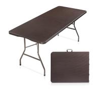 GZKDKZB Table Pliante Portable de 1,8 m - Table rectangulaire en Plastique pour Une Utilisation intérieure/extérieure, Plateau en PEHD à Motif rotin, Marron avec poignée de Transport, légè