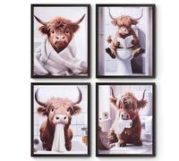 GZRXIOUS 4PCS Affiches Highland Cow 25×20cm Illustrations Drôles de Vaches Highland Décorations Murales Drôles Sans Cadre Impression sur Toile Anti-Froissement Posters Salle de Bain et Style Rustique