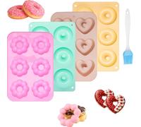 GZRXIOUS Lot de 4 moules à donuts - En silicone - 3 couleurs - Avec pinceau à huile - Antiadhésif - Pour gâteaux, bagels, muffins, petits pains (rond, fleurs et cœur)