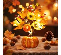 GZWY Décoration d'automne citrouille avec guirlande lumineuse LED, décoration intérieure LED citrouille, arbre avec tournesol artificiel feuille d'érable, décoration de table esthétique pour Halloween
