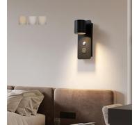 GZZBMY Appliques Murales LED avec Contrôle Tactile Tricolore Dimmable Eclairage Mural avec Port de Charge USB Luminaire Mural Rotation à 350° Chambres à Coucher Chevet Salon Couloir (Noire)
