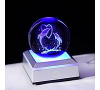 H&D Hyaline & Dora Boule de cristal 3D Love Double dauphins avec base lumineuse LED colorée, cadeau pour enfants, épouse, maman, amoureux des dauphins, cadeau d'anniversaire, décoration d'intérieur