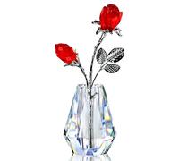 H&D Hyaline & Dora Deux Roses Rouges en Cristal dans Un Vase en Verre, Figurine de Rose avec Poteau Argenté, Presse-Papier Rose Éternel, Cadeau pour Elle/Femme/Maman