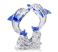 H&D HYALINE & DORA Figurines de dauphins doubles en verre de collection, ornement d'animaux marins en verre, presse-papiers d'animaux en cristal pour décoration de maison et bureau (bleu)
