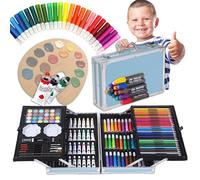 H&F Heimtextilien Kit de peinture 145 pièces dans un coffret en aluminium bleu - Crayons de couleur, feutres, peintures à l'eau et acryliques, pastels à l'huile et pinceaux - Mallette de peinture pour