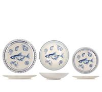 H&H Adriatic Service de Table 18 Pièces en Grès Décoré, Vaisselle Complète pour 6 Personnes, Design Marin avec Poissons, Crustacés et Coquillages Bleus
