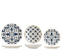 H&H Beatriz Service de Table 18 Pièces en Grès Décoré, Vaisselle Complète pour 6 Personnes, Design Bleu avec Motifs Floraux et Géométriques Inspiré des Faïences Méditerranéennes