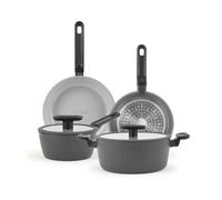 H&H by Bruno Barbieri Explore Batterie de cuisine 6 pièces en aluminium avec revêtement antiadhésif, poêles et casseroles, couvercle en verre avec silicone, compatible avec tous les feux