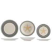 H&H Calypso Service de Table 18 Pièces en Grès Décoré, Vaisselle Complète pour 6 Personnes, Design Coastal avec Étoile de Mer et Rayures Bleues