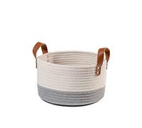 H&H Cesto in Cotone Bianco e Grigio con Manici in Ecopelle Tondo 26x15hcm