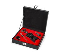 H&H Coffret Sommelier en PVC simili cuir noir - Lot de 5 pièces avec tire-bouchon à double levier, bouchon verseur, anneau anti-goutte et thermomètre - Idée cadeau élégante pour les amateurs de vin