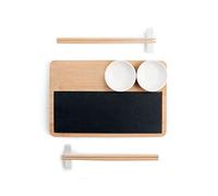 H&H Confezione 10 pezzi Sushi Box. Set composto da Un vassoio in bambù, Un Piatto in Ardesia, 2 coppette in porcellana Bianca, 2 Porta bacchette in porcellana e 2 coppie di bacchette in bambù