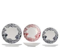 H&H Corallia Service de Table 18 Pièces en Grès Décoré, Vaisselle Complète pour 6 Personnes, Design Marin avec Poissons et Coraux Bleus et Rouges