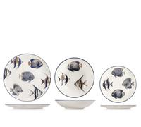 H&H Harbor Service de table 18 pièces en grès décoré, service de table complet pour 6 personnes, design marin avec décor poisson, assiettes plates Ø 26 cm, assiettes creuses Ø 25,5 cm et assiettes à