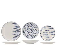 H&H Ionic Service de Table 18 Pièces en Grès Décoré, Vaisselle Complète pour 6 Personnes, Design Marin avec Motifs Poissons Bleus
