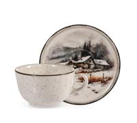 H&H Lot de 2 tasses à thé/Cappuccino en Stoneware 200cc avec soucoupe - Décoration Silent Snow, Beige pointu avec bordure noire, paysage de montagne enneigé avec maisons, parfaites pour l'hiver