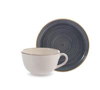 H&H Lot de 4 tasses à café avec assiette Ocean en Stoneware décorées 200 ml - Convient pour micro-ondes et lave-vaisselle