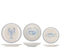 H&H Mediterranean Service de Table 18 Pièces en Grès Décoré, Vaisselle Complète pour 6 Personnes, Design Méditerranéen avec Poissons et Crustacés Bleus