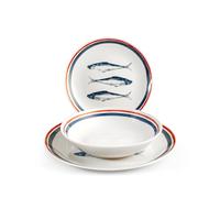 H&H, Service de table 18 pièces Nautica forme coupe, en porcelaine, blanc, décor sardine thème marin, lavable au lave-vaisselle