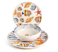 H&H, Service de Table 18 Pièces Playa en Porcelaine - Décor Marin Coloré, Compatible Lave-Vaisselle et Micro-Ondes