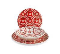 H&H Service De Table 18 Pièces Salvador En Grès Décoré, Rouge Et Blanc