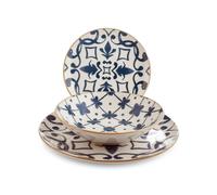 H&H Beatriz Service de Table 18 Pièces en Grès Décoré, Vaisselle Complète pour 6 Personnes, Design Bleu avec Motifs Floraux et Géométriques Inspiré des Faïences Méditerranéennes